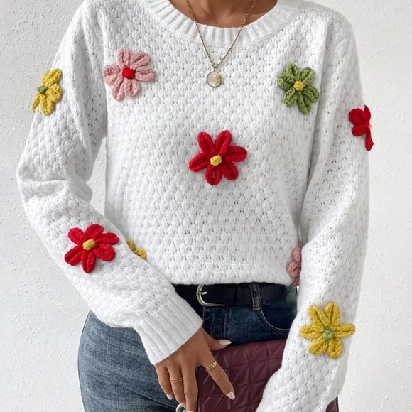 5. Floral Design Crew Neck Knitted Sweater, Casual Long Sleeve Drop Shoulder - Picture 2 of 3